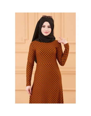Robe longue à pois pour femme (Vetement musulman chic) - Couleur tabac 