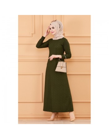 Robe longue à pois pour femme (Vêtement chic pour musulmane) - Couleur kaki 