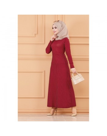 Robe longue à pois pour femme (Vêtement hijab Paris) - Couleur bordeaux 