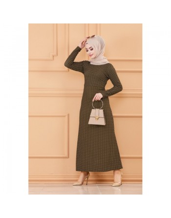 Robe longue à pois pour femme (Vêtement hijab France) - Couleur kaki 