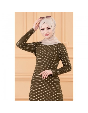 Robe longue à pois pour femme (Vêtement hijab France) - Couleur kaki 
