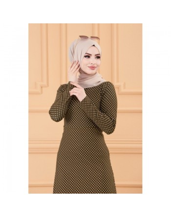 Robe longue à pois pour femme (Vêtement hijab France) - Couleur kaki 