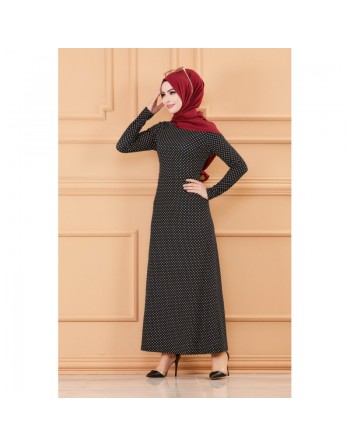 Robe longue à pois pour femme (Vêtement hijab Paris) - Couleur bleu marine 