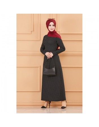 Robe longue à pois pour femme (Vêtement hijab Paris) - Couleur bleu marine 