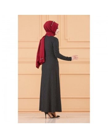 Robe longue à pois pour femme (Vêtement hijab Paris) - Couleur bleu marine 