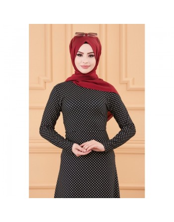 Robe longue à pois pour femme (Vêtement hijab Paris) - Couleur bleu marine 
