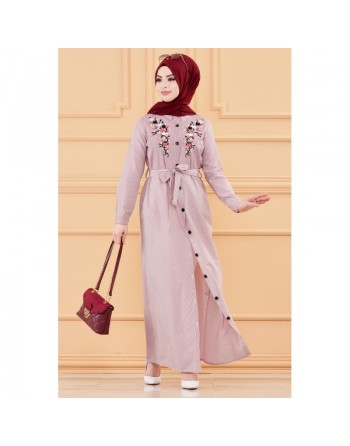 Robe longue boutonnée avec broderies et ceinture assortie (Vêtement Modest Fashion pour femme voilée) - Rayures couleur... 