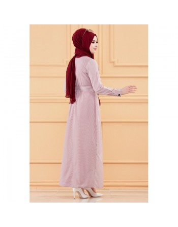 Robe longue boutonnée avec broderies et ceinture assortie (Vêtement Modest Fashion pour femme voilée) - Rayures couleur... 