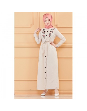 Robe longue boutonnée avec broderies et ceinture assortie - Rayures Couleur beige 
