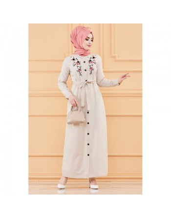 Robe longue boutonnée avec broderies et ceinture assortie - Rayures Couleur beige 