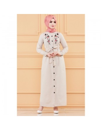 Robe longue boutonnée avec broderies et ceinture assortie - Rayures Couleur beige 
