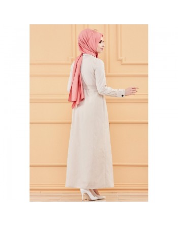 Robe longue boutonnée avec broderies et ceinture assortie - Rayures Couleur beige 