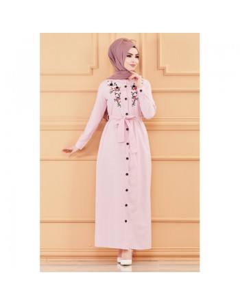 Robe longue boutonnée avec broderies et ceinture assortie (Vêtements Modest Fashion pour femmes voilées)- Rayures Couleur... 