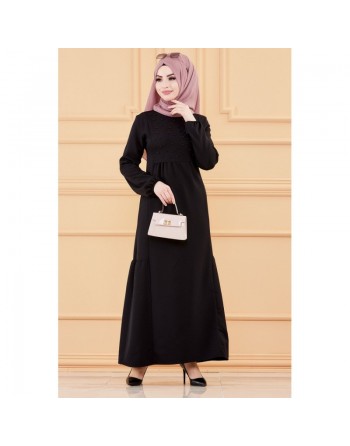 Robe longue habillée et chic avec perles (Vêtement mastour classe pour femme voilée) - Couleur noir 