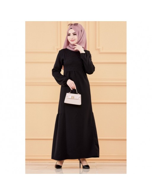 Robe longue habillée et chic avec perles (Vêtement mastour classe pour femme voilée) - Couleur noir Robe longue habillée et chic avec perles (Vêtement mastour classe pour femme voilée) - Couleur noir