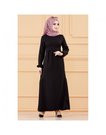 Robe longue habillée et chic avec perles (Vêtement mastour classe pour femme voilée) - Couleur noir 