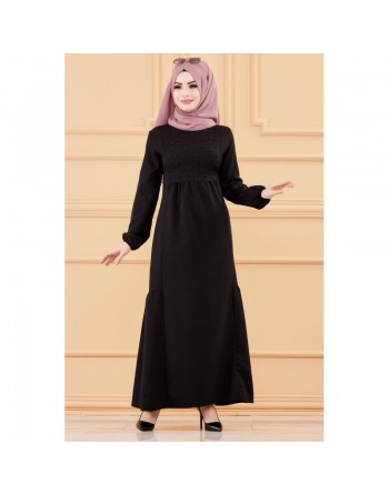 Robe longue habillée et chic avec perles (Vêtement mastour classe pour femme voilée) - Couleur noir 