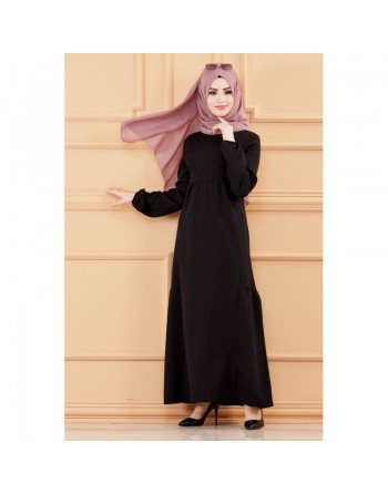 Robe longue habillée et chic avec perles (Vêtement mastour classe pour femme voilée) - Couleur noir 