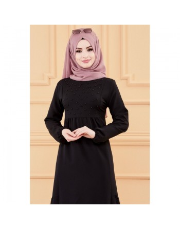 Robe longue habillée et chic avec perles (Vêtement mastour classe pour femme voilée) - Couleur noir 