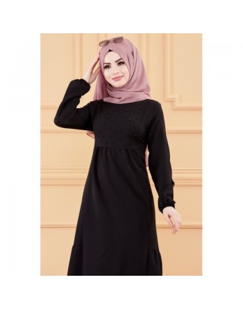 Robe longue habillée et chic avec perles (Vêtement mastour classe pour femme voilée) - Couleur noir 