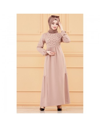 Robe longue perlée chic et classe (Vêtement habillé pour femme voilée) - Couleur beige 