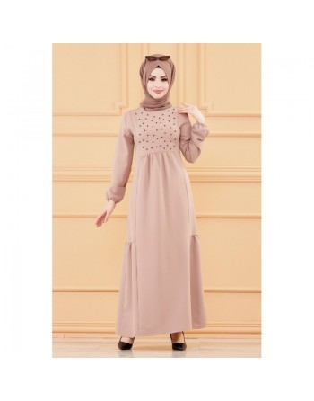 Robe longue perlée chic et classe (Vêtement habillé pour femme voilée) - Couleur beige 