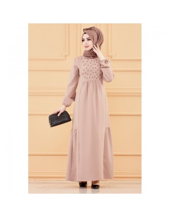 Robe longue perlée chic et classe (Vêtement habillé pour femme voilée) - Couleur beige 