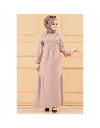 Robe longue perlée chic et classe (Vêtement habillé pour femme voilée) - Couleur beige 