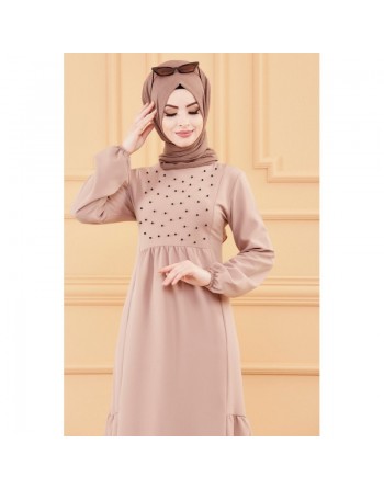 Robe longue perlée chic et classe (Vêtement habillé pour femme voilée) - Couleur beige 