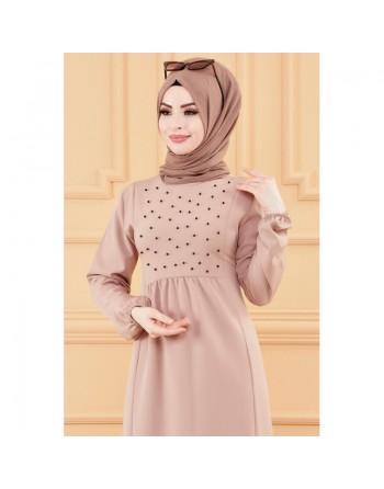 Robe longue perlée chic et classe (Vêtement habillé pour femme voilée) - Couleur beige 