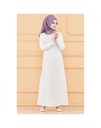Robe de soirée longue perlée chic et classe (Vêtement hijab habillé pour femme) - Couleur blanc 