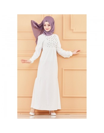 Robe de soirée longue perlée chic et classe (Vêtement hijab habillé pour femme) - Couleur blanc 