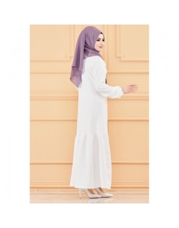 Robe de soirée longue perlée chic et classe (Vêtement hijab habillé pour femme) - Couleur blanc 
