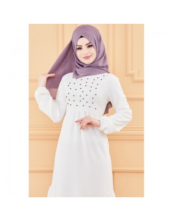 Robe de soirée longue perlée chic et classe (Vêtement hijab habillé pour femme) - Couleur blanc 