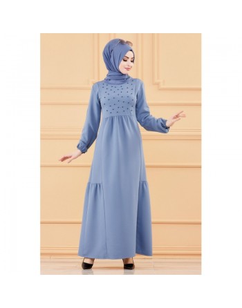 Robe longue perlée chic et classe (Vêtement hijab habillé pour femme) - Couleur bleu indigo 