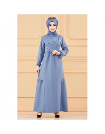 Robe longue perlée chic et classe (Vêtement hijab habillé pour femme) - Couleur bleu indigo 