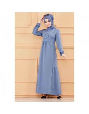 Robe longue perlée chic et classe (Vêtement hijab habillé pour femme) - Couleur bleu indigo 