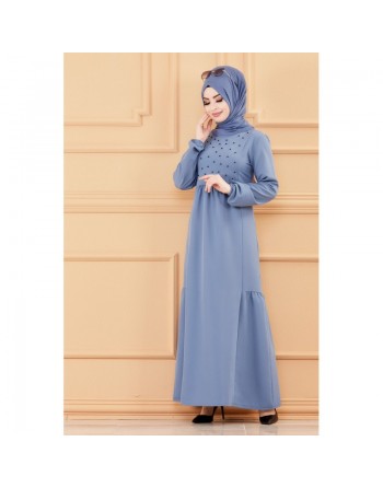 Robe longue perlée chic et classe (Vêtement hijab habillé pour femme) - Couleur bleu indigo 