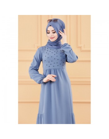 Robe longue perlée chic et classe (Vêtement hijab habillé pour femme) - Couleur bleu indigo 