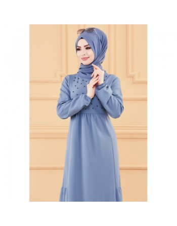 Robe longue perlée chic et classe (Vêtement hijab habillé pour femme) - Couleur bleu indigo 