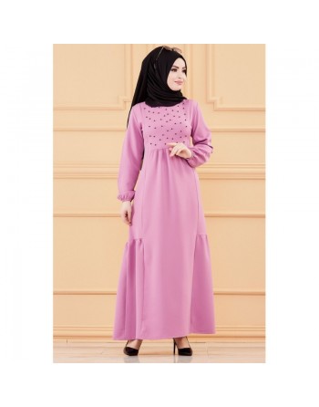 Robe longue chic et classe avec perles pour femme (Vêtement habillé pour Hijab) - Couleur lilas 