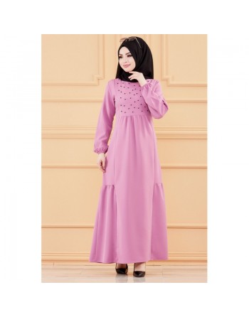 Robe longue chic et classe avec perles pour femme (Vêtement habillé pour Hijab) - Couleur lilas 