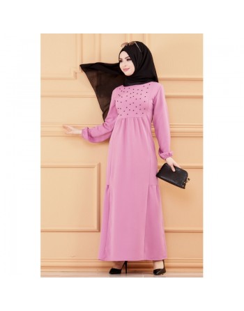 Robe longue chic et classe avec perles pour femme (Vêtement habillé pour Hijab) - Couleur lilas 