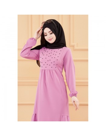 Robe longue chic et classe avec perles pour femme (Vêtement habillé pour Hijab) - Couleur lilas 
