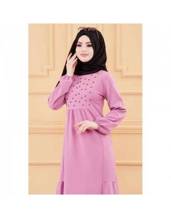 Robe longue chic et classe avec perles pour femme (Vêtement habillé pour Hijab) - Couleur lilas 