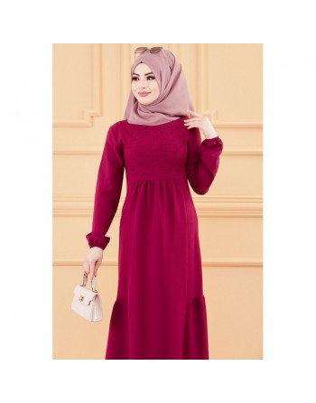 Robe longue chic et classe avec perles (Vêtement habillé mastour pour femme voilée) - Couleur prune 