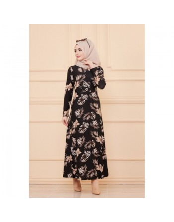 Robe fleurie en crêpe pour femme (Mode musulmane - Nouveauté) - Couleur noir 