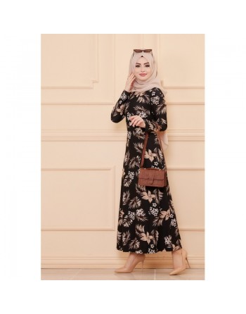 Robe fleurie en crêpe pour femme (Mode musulmane - Nouveauté) - Couleur noir 