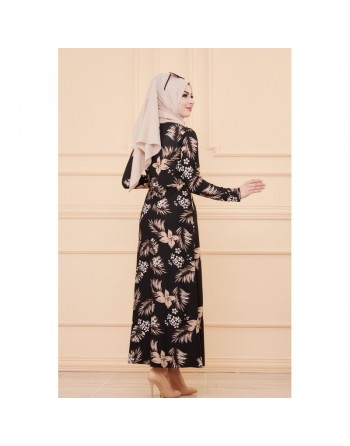 Robe fleurie en crêpe pour femme (Mode musulmane - Nouveauté) - Couleur noir 