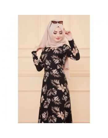Robe fleurie en crêpe pour femme (Mode musulmane - Nouveauté) - Couleur noir 